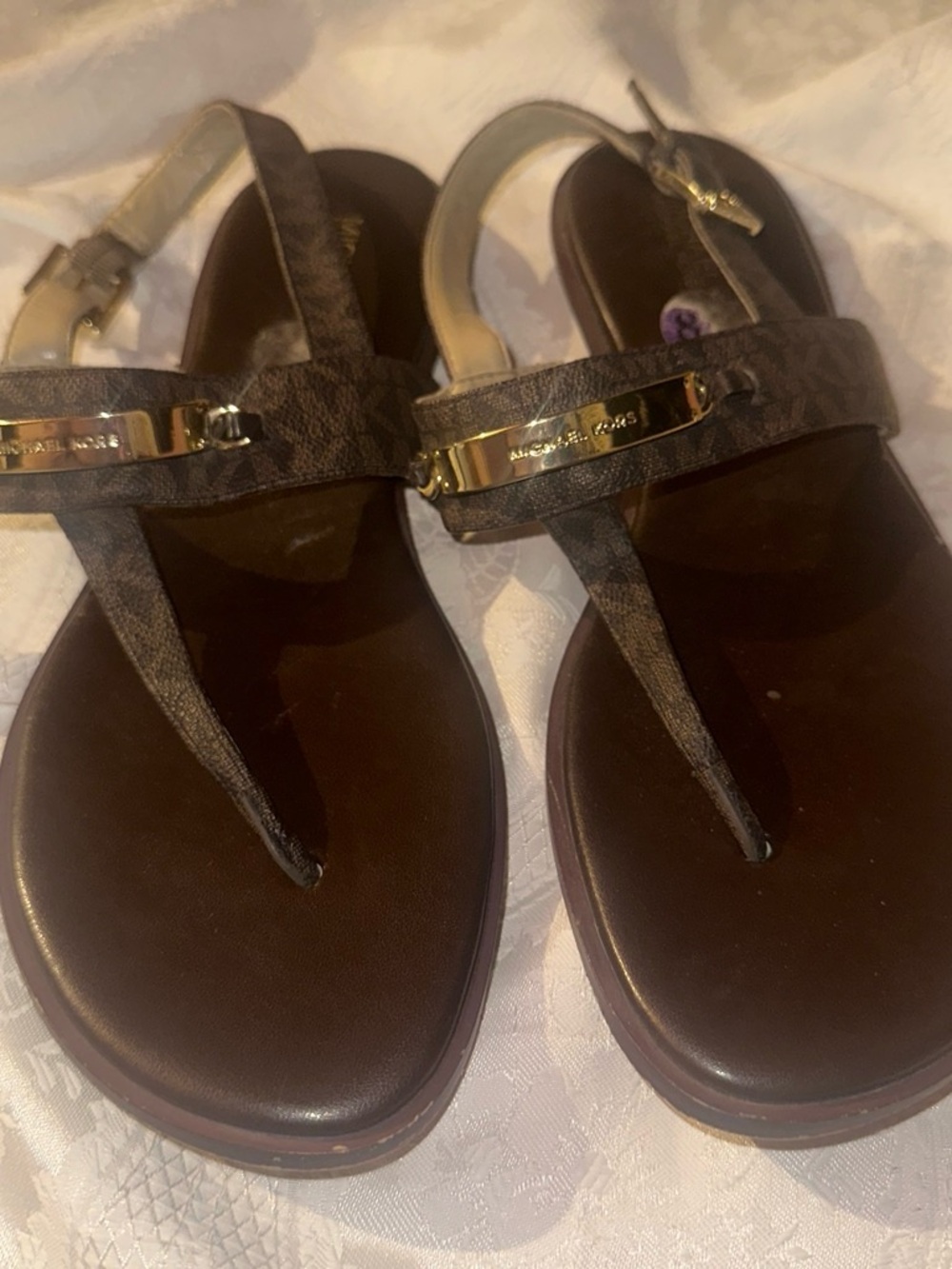 Michael Kors Brown Logo T-Strap Sandals with Gold Accent